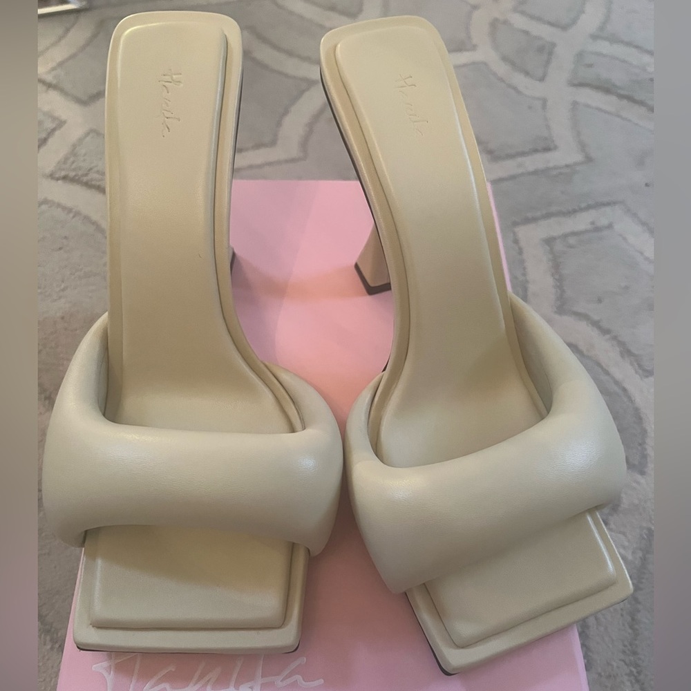 Nude Hanifa mules with duster bags (worn once)